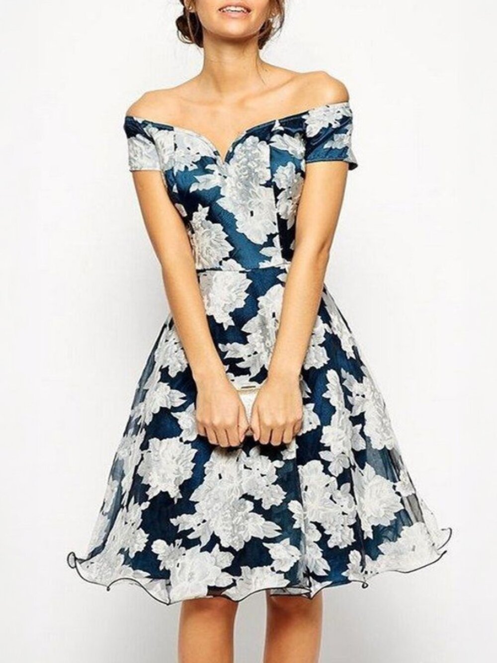 Chi Chi London Floral Blue White Satin Formal Dress Size 6